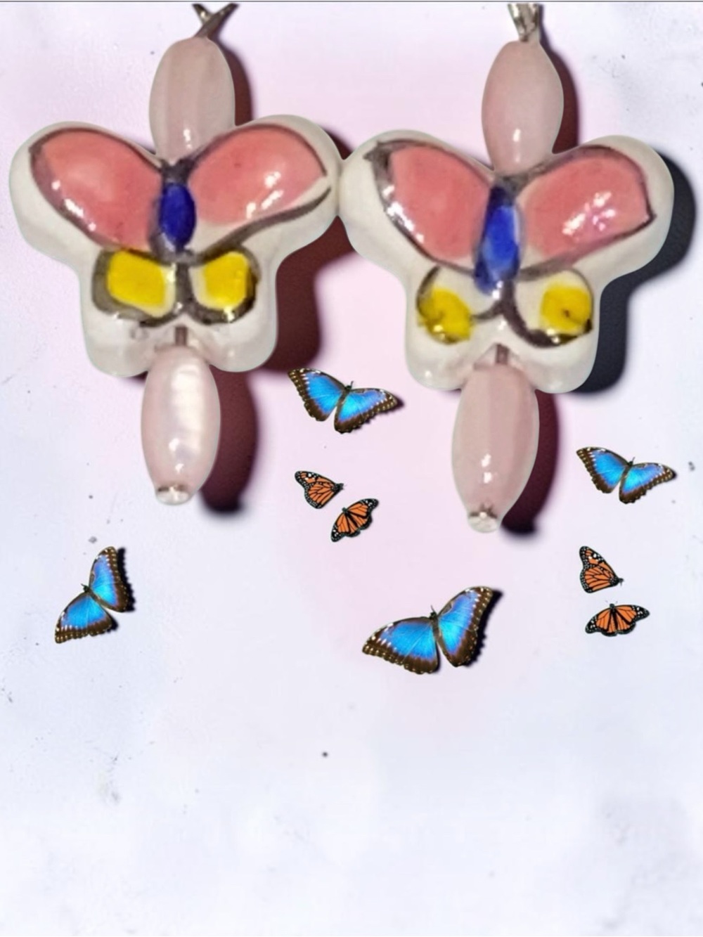 Hand Crafted Butterfly Earrings Porcelain Dangle Pink Periwinkle Blue Pierced